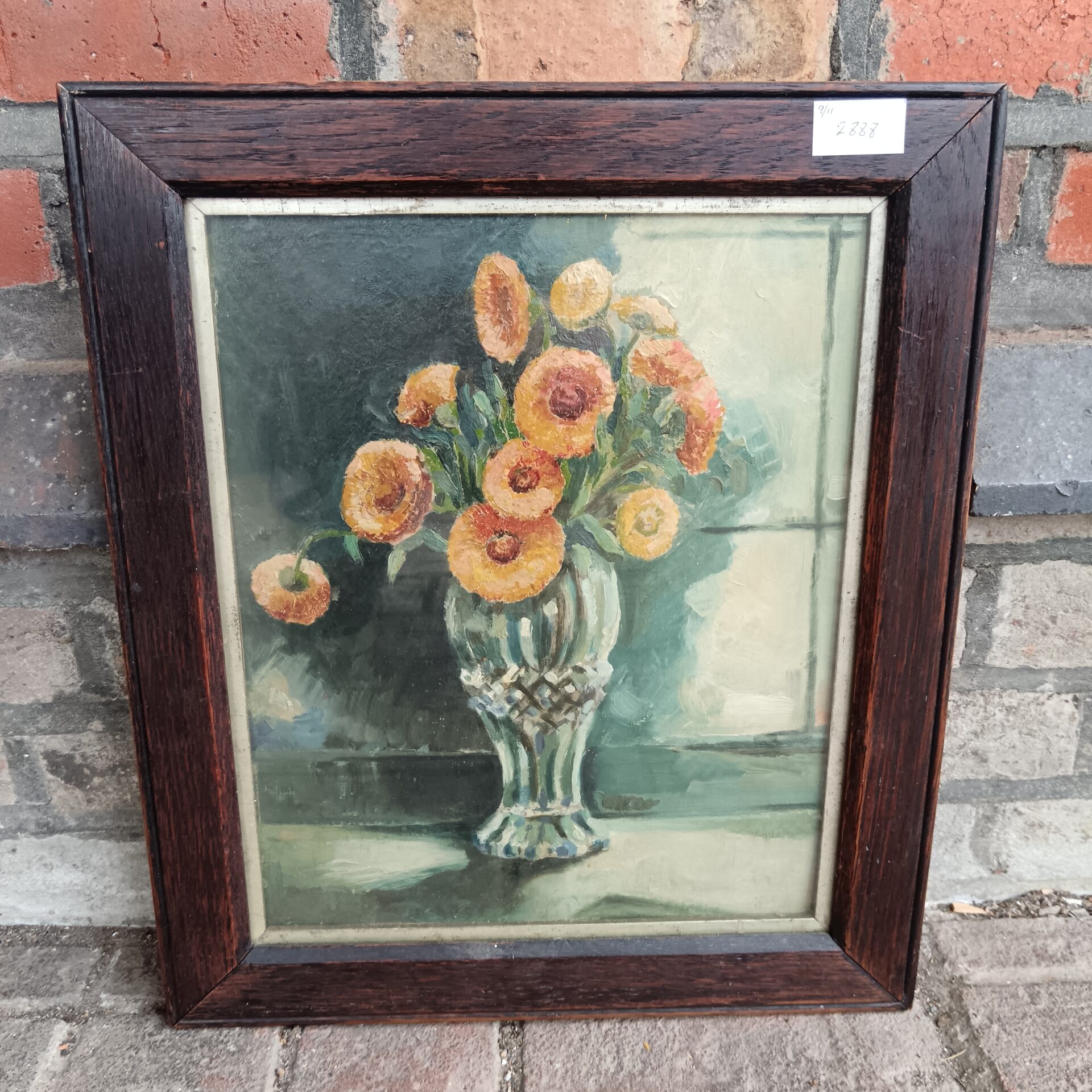 891 Antique oak framed still life oil painting of flowers in a vase