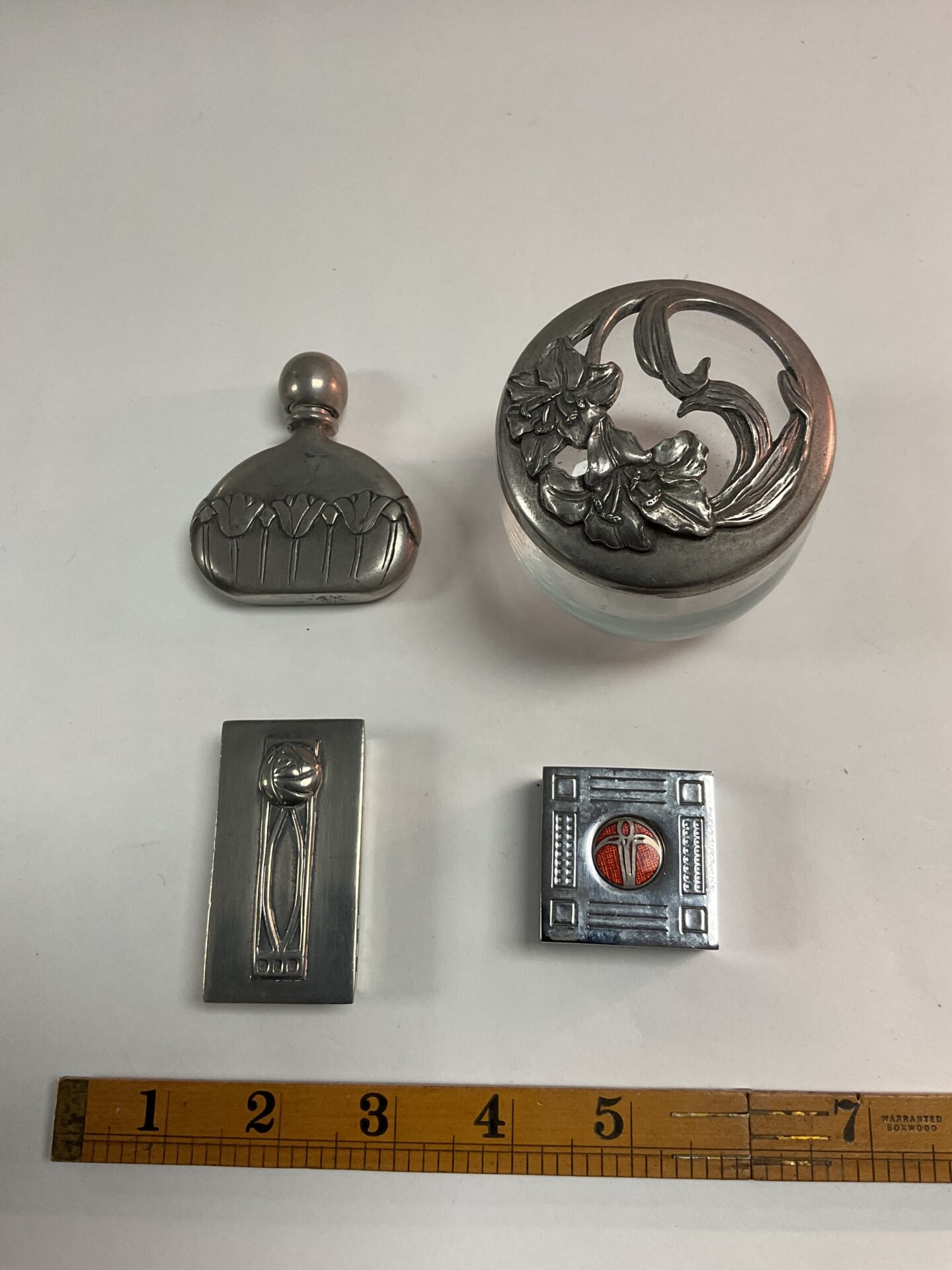 1031 Four Art nouveau items pill pot glass jar paperweight and bottle