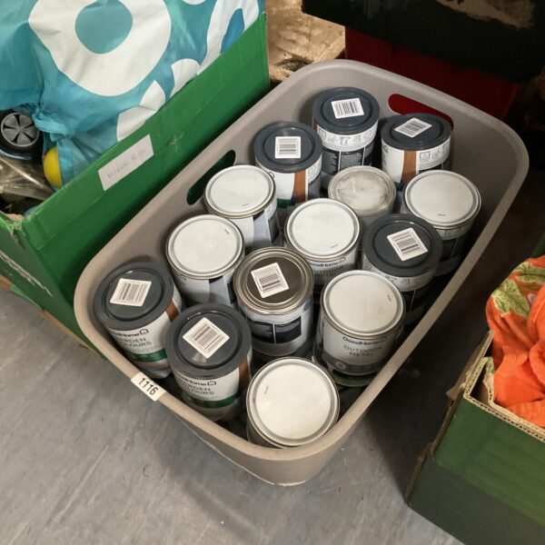 Assorted paint tins, a selection of colours for DIY projects.