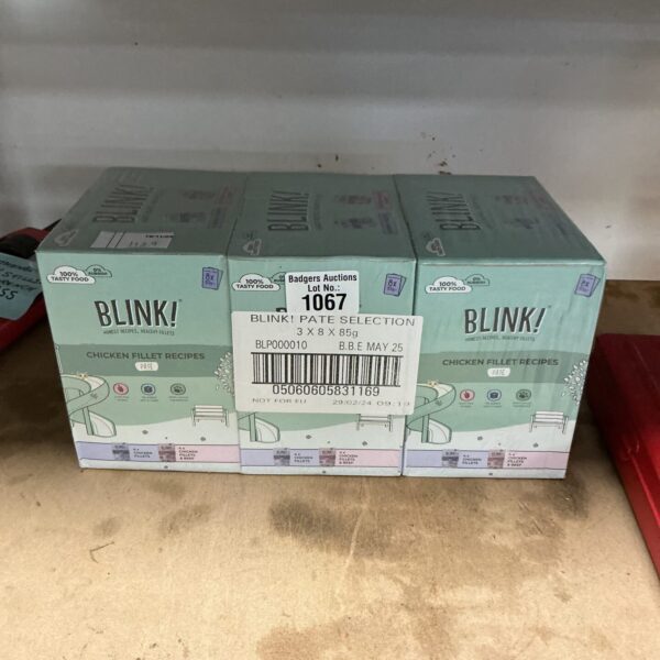 Three packs of Blink dry cat food for pets.