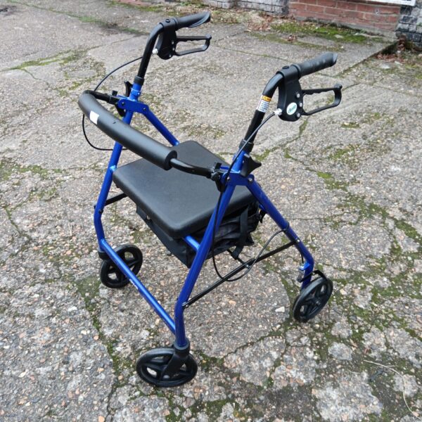 Blue Drive mobility walker with padded seat and basket.