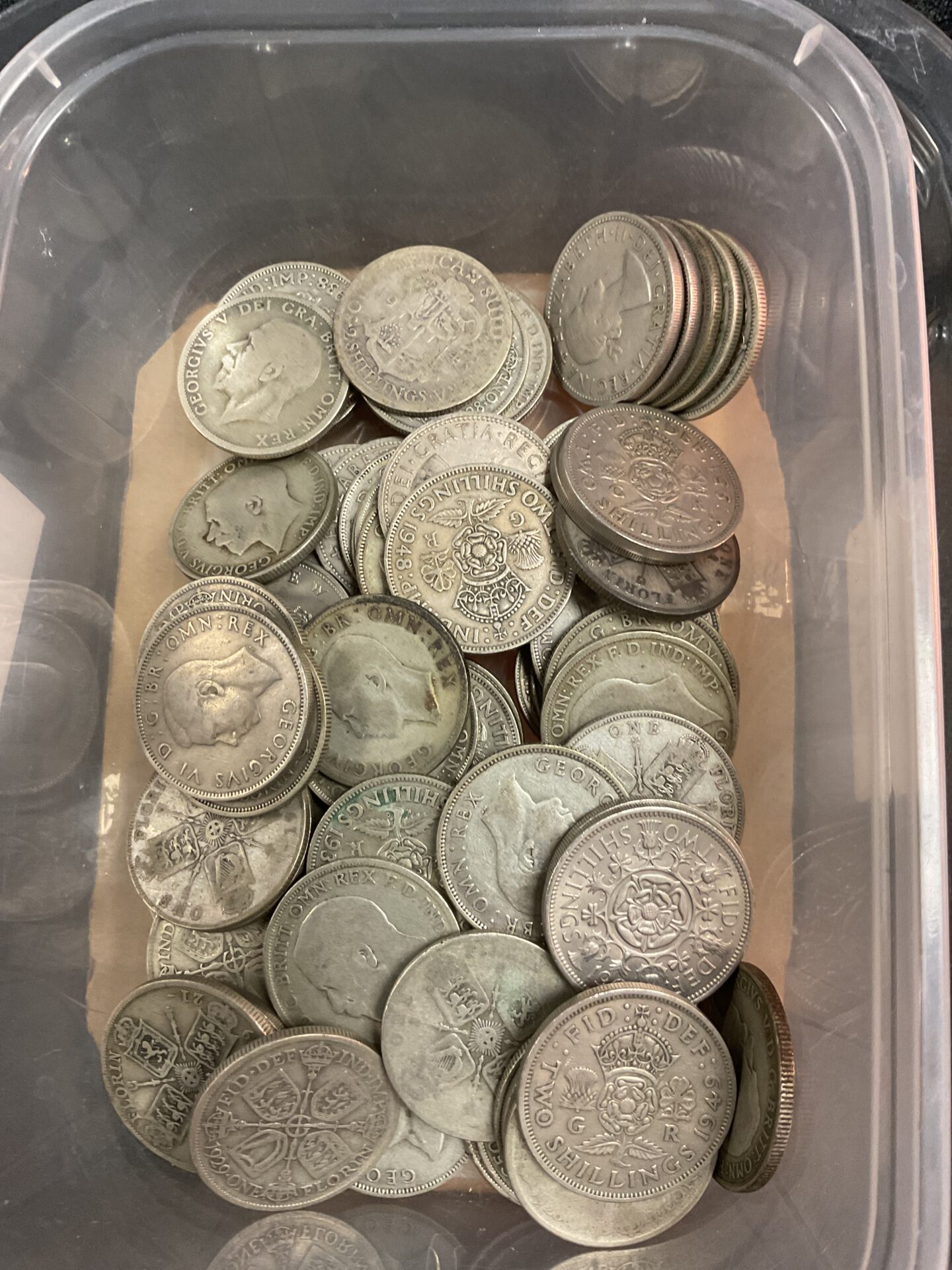 931 Tub of Florins Coins Mostly Half Silver 830g gross approx 600g half silver