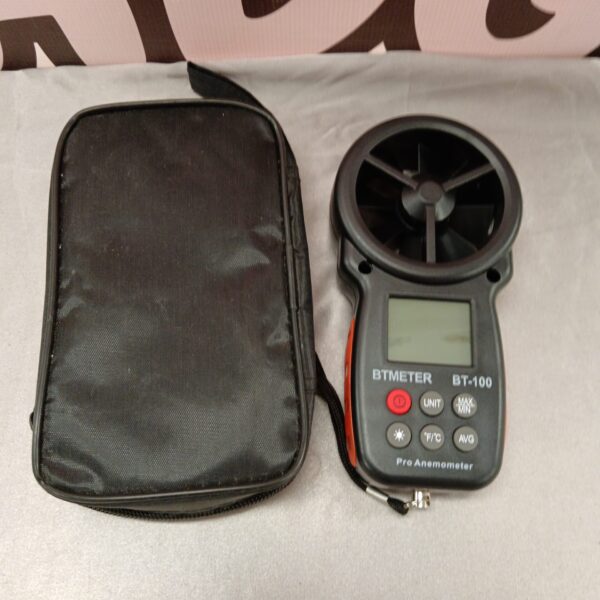 BT-100 digital anemometer in protective case, handheld wind speed meter.