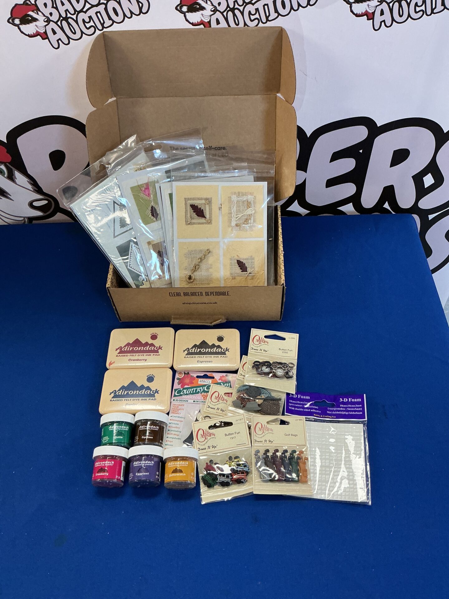 283 Box of new card crafting items including toppers, embossing powerers & ink pads