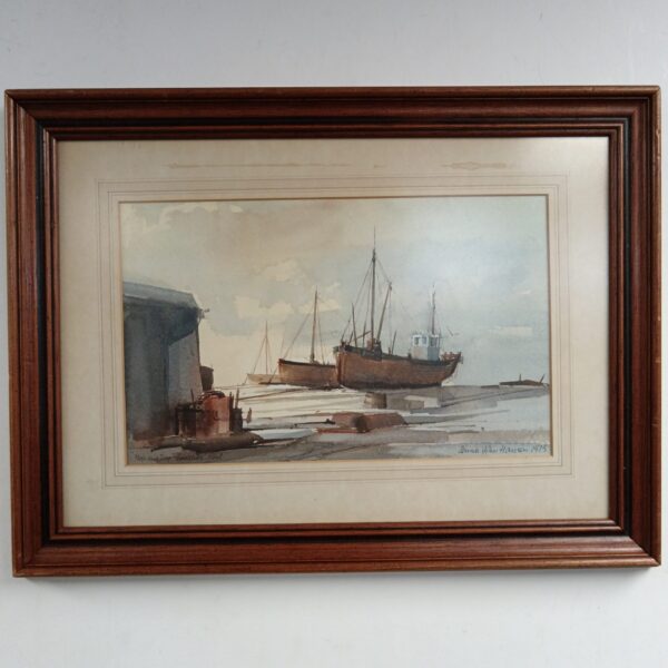 Dennis John Hancer watercolour painting of boats at Dungeoness, Kent.