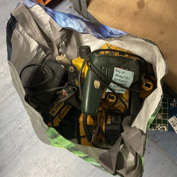Dewalt 18V battery kit and Bosch hammer drill in a bag.