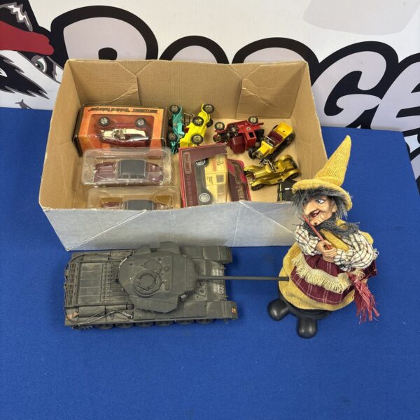 Mixed lot of vintage diecast model vehicles and Disney toys.