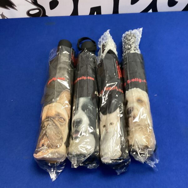 Set of four dog-themed novelty umbrellas for pet rain protection.