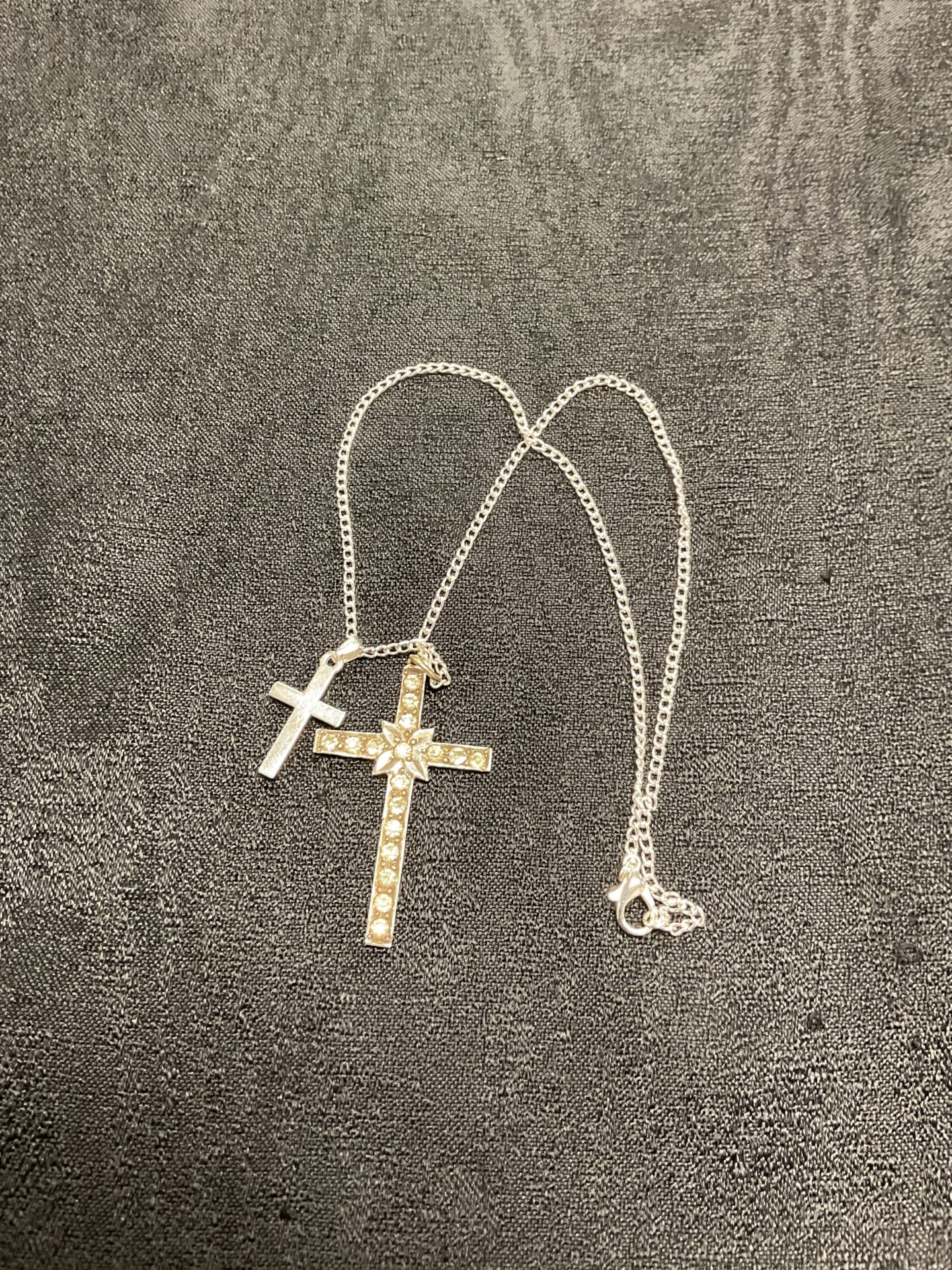 828 Double crucifix pendant 16”; necklace