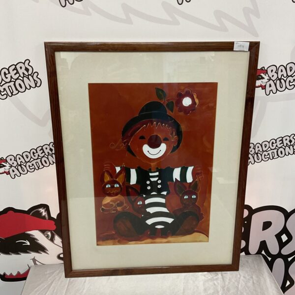 Vintage Dunora clown artwork with rabbits, signed illustration.