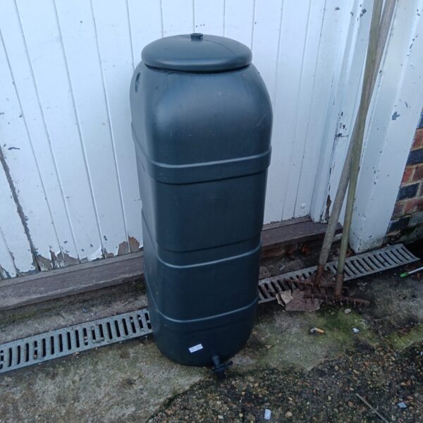 Used plastic garden water butt for rainwater collection.