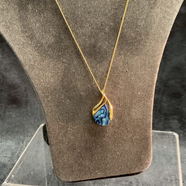 Gold and abalone shell pendant on a chain.