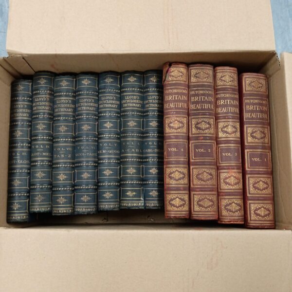Antique set of Hutchinson's Beautiful Britain & Lloyds encyclopaedic dictionary books.