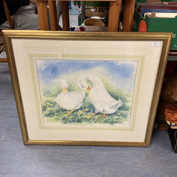 Signed J C Wallis watercolour painting of geese in a country setting.