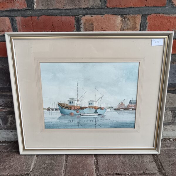 Signed John Cotton watercolour painting of fishing boats in a harbour.