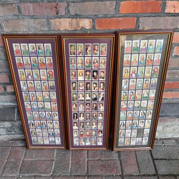 Framed sets of vintage John Player Kings & Queens cigarette cards.