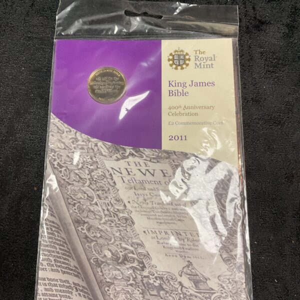 2011 King James Bible £2 coin from The Royal Mint, commemorative design.