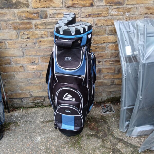 Front view of a blue and black Longridge golf bag.