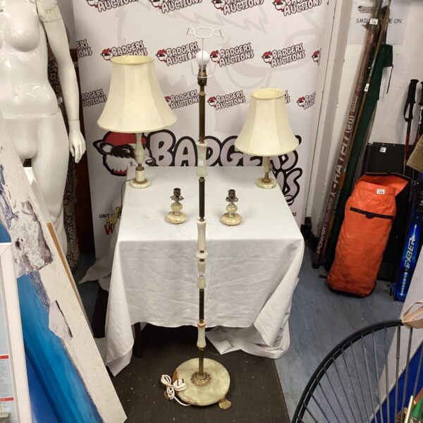 Lot of five vintage marble and brass lamps for home decor.