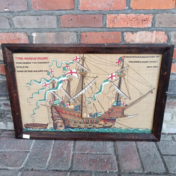Framed print of the Mary Rose Tudor warship, detailed historical illustration.