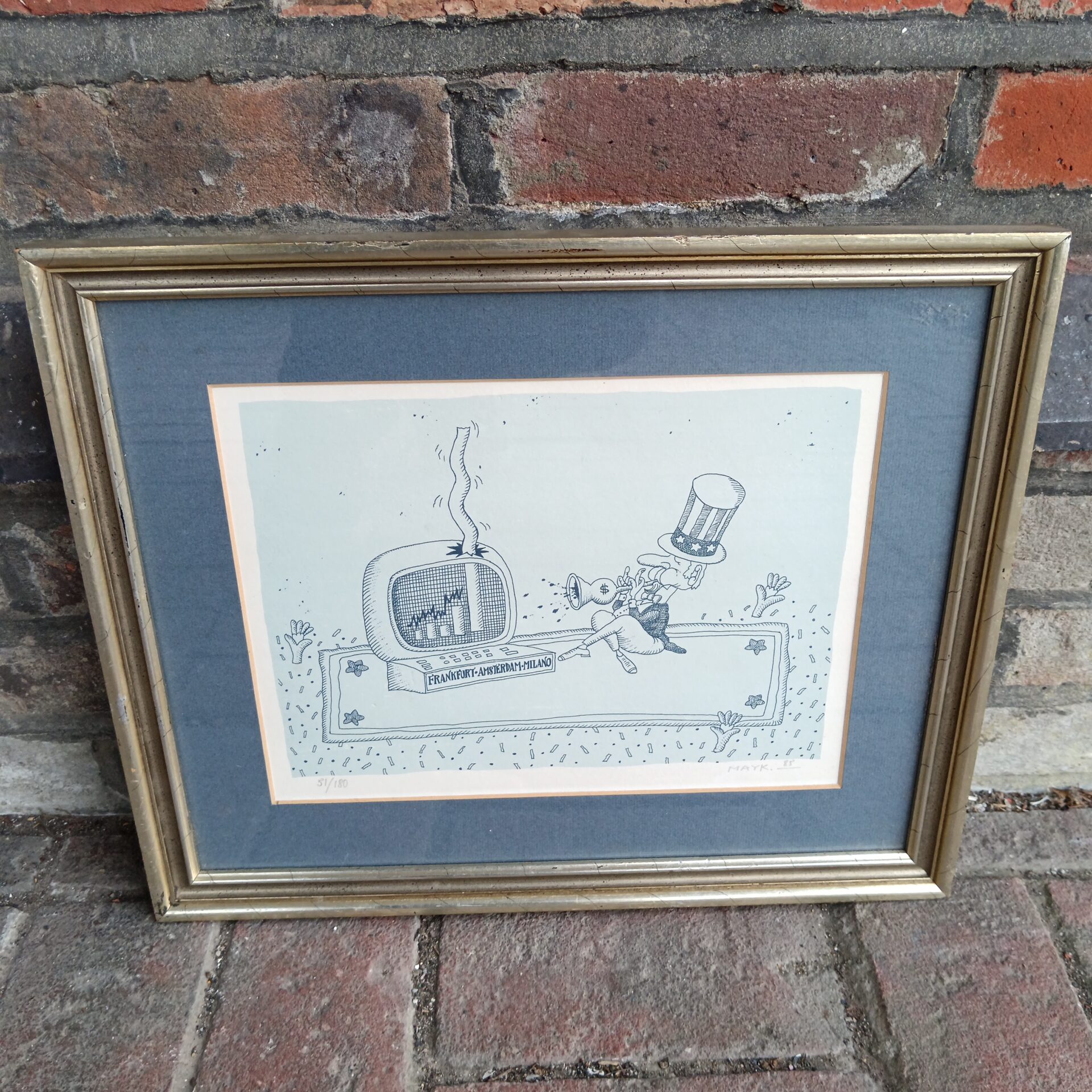 696 Mayk signed limited edition satirical print of US, Frankfurt, Amsterdam, Milano stock exchange