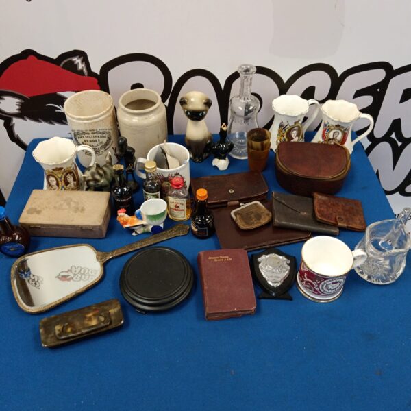 Vintage mixed household lot with marmalade pot and miniature bottles.
