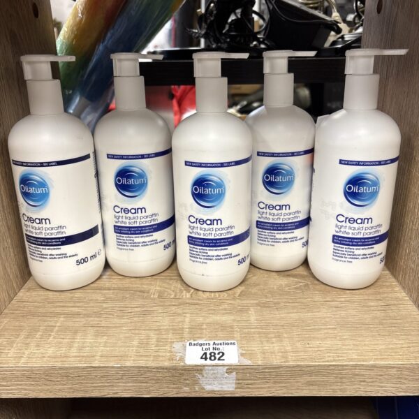 Five bottles of Oilatum cream for sensitive skin.