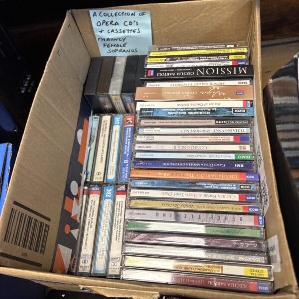 Vintage opera CD and cassette collection featuring female sopranos.