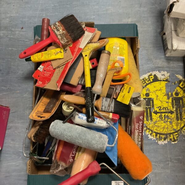 Mixed painting and DIY lot with brushes and adhesive.