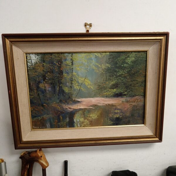 Pamela Derry woodland river painting, tranquil landscape art on board.