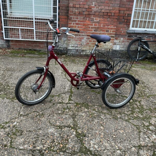 Red Pashley tricycle, vintage three-wheeled bicycle for sale.