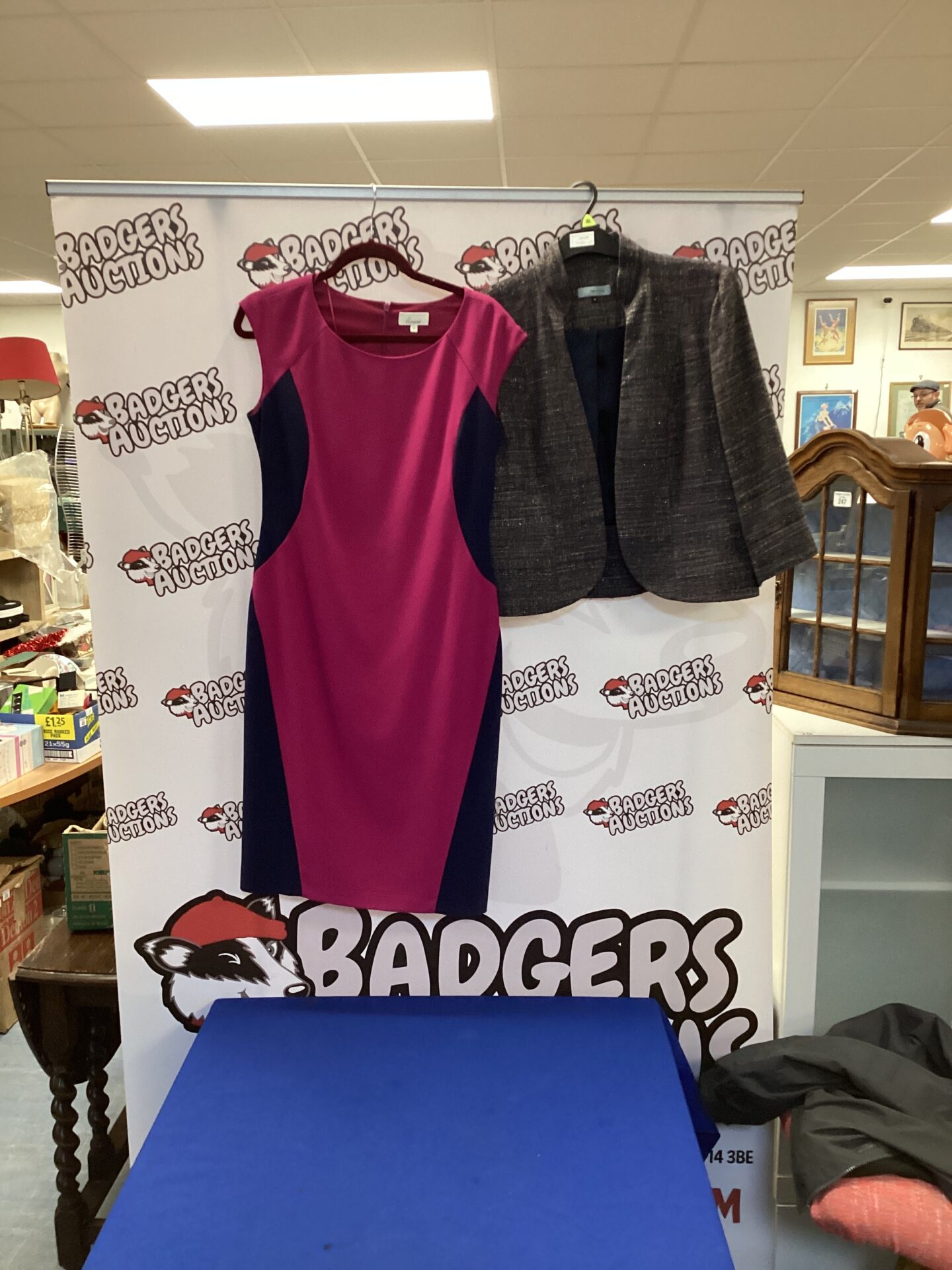 568 Two ladies clothing items including linear pink dress size 12 and red herring evening jacket size 16