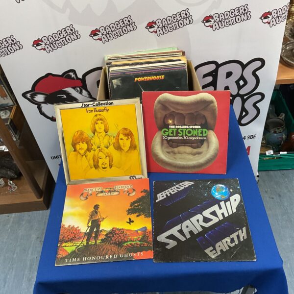 Vintage collection of Prog Rock LPs, 1970s vinyl records.