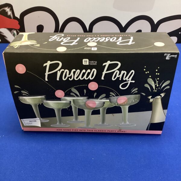 Prosecco pong game set with twelve plastic cups.