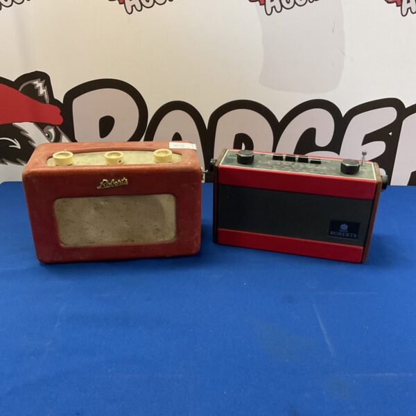 Vintage red Roberts R200 transistor radio for collectors.