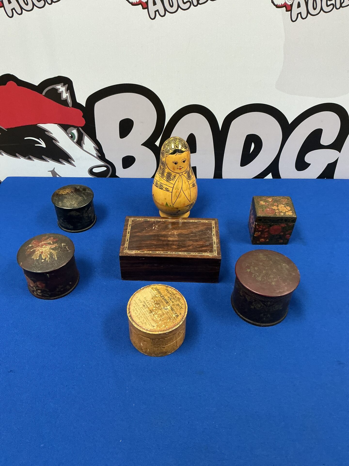 268 Selection of wooden trinket boxes with Russian Doll