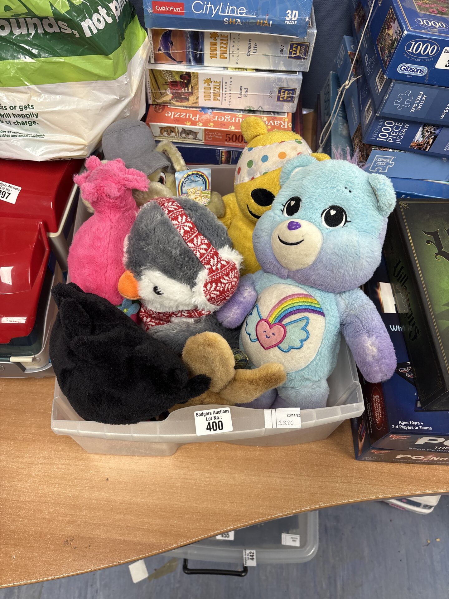 357 Box of soft toys inc pugsy and Care Bears