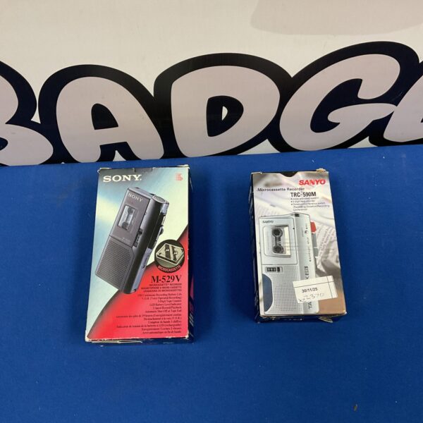 Vintage Sony and Sanyo microcassette recorders, portable audio recording.