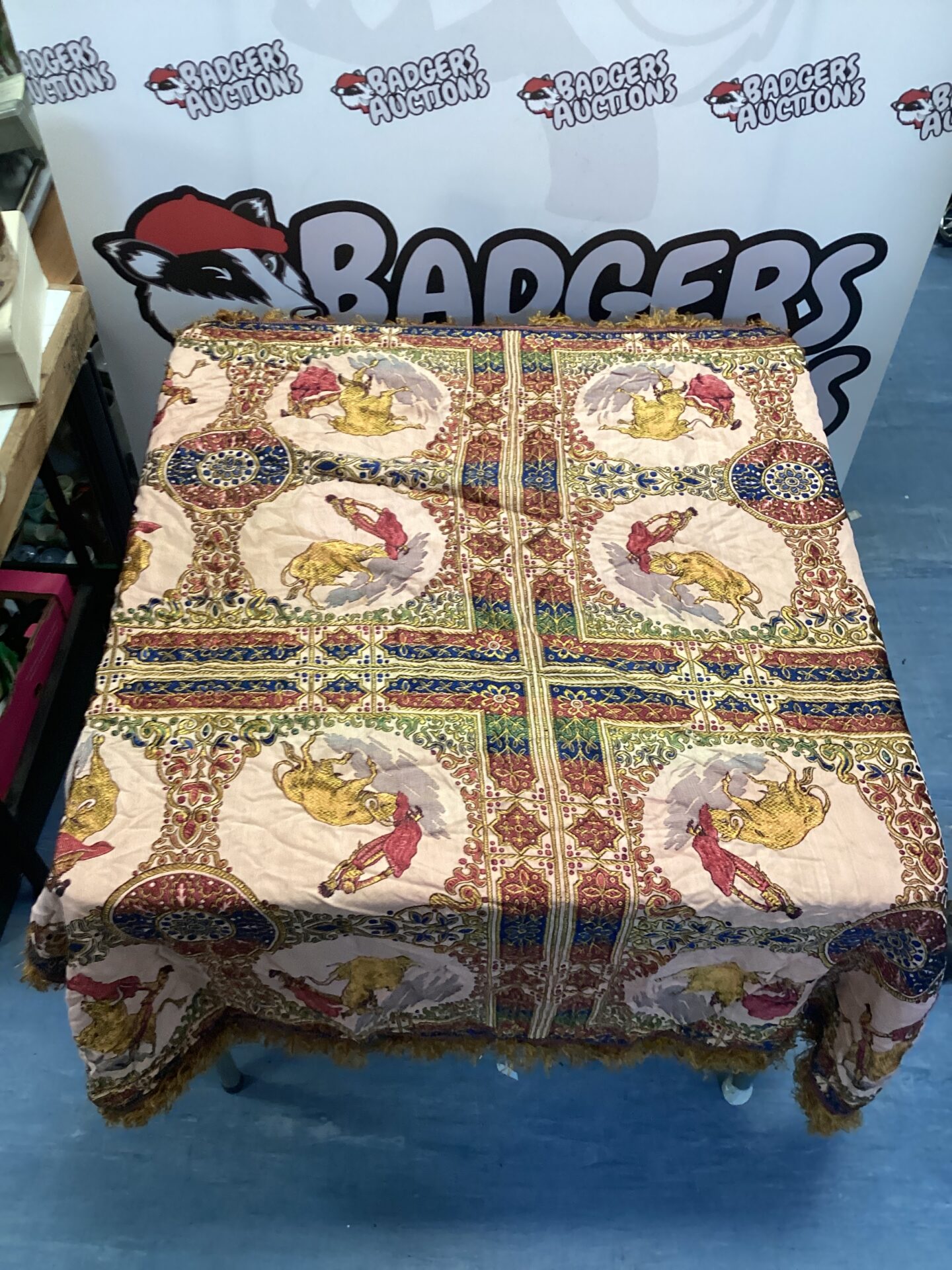 590 vintage Spanish bull fighting silk table cloth