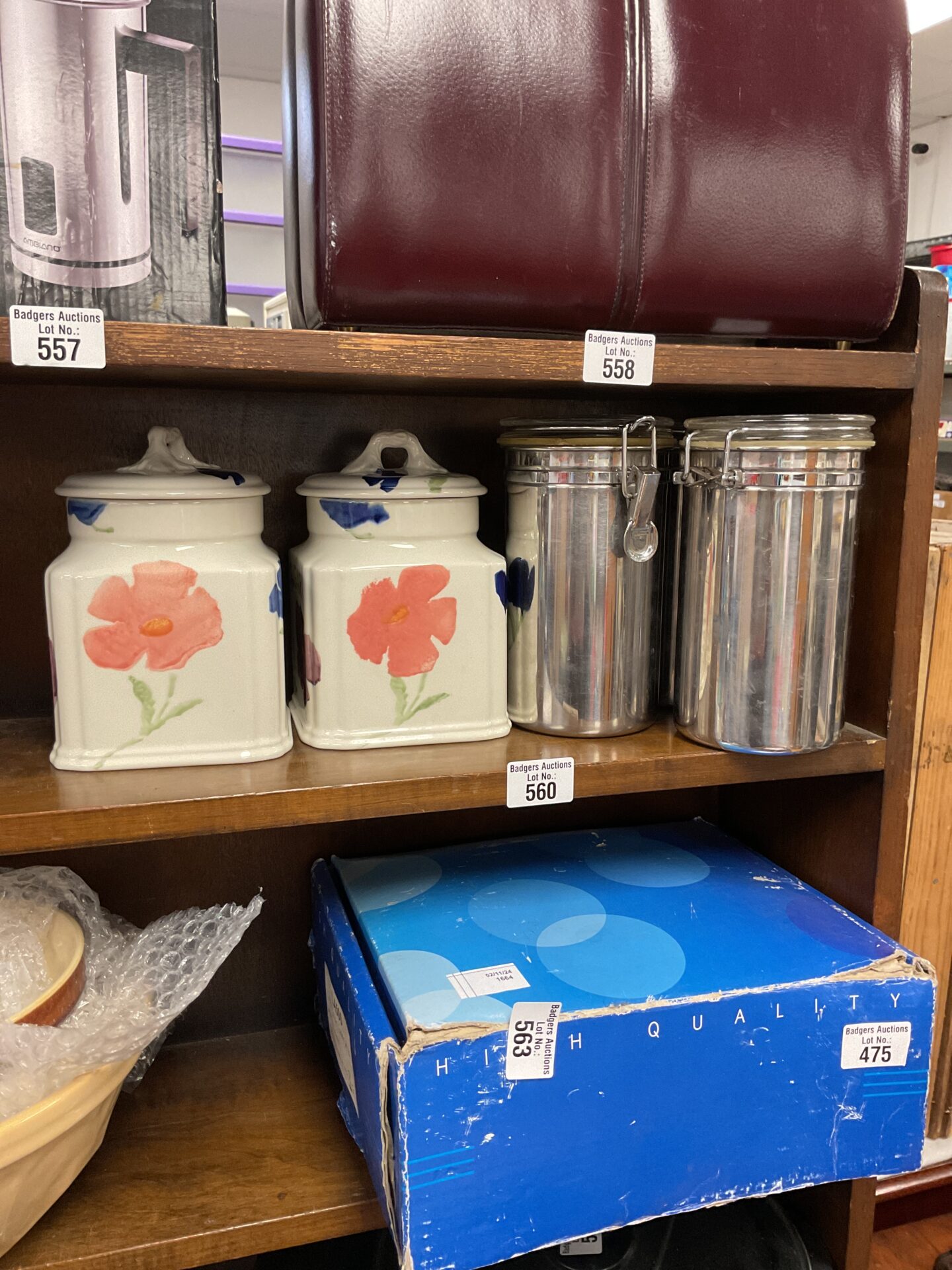 560 Three stainless steel canisters with pair of royal winton coffee jars