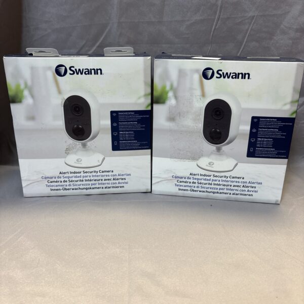 Boxed Swann Alert indoor security camera for home surveillance.