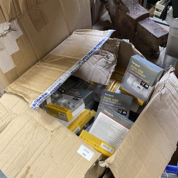 Lot of Targus dual USB car chargers in a cardboard box.