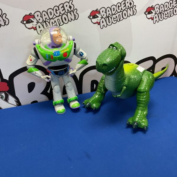 Toy Story action figures, Buzz Lightyear and Rex, displayed together.
