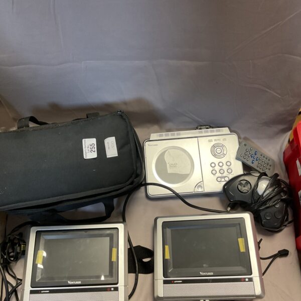 Venturer portable DVD player system with dual screens and controller.