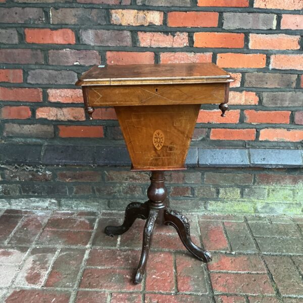 Antique Victorian pedestal sewing box with walnut finish.