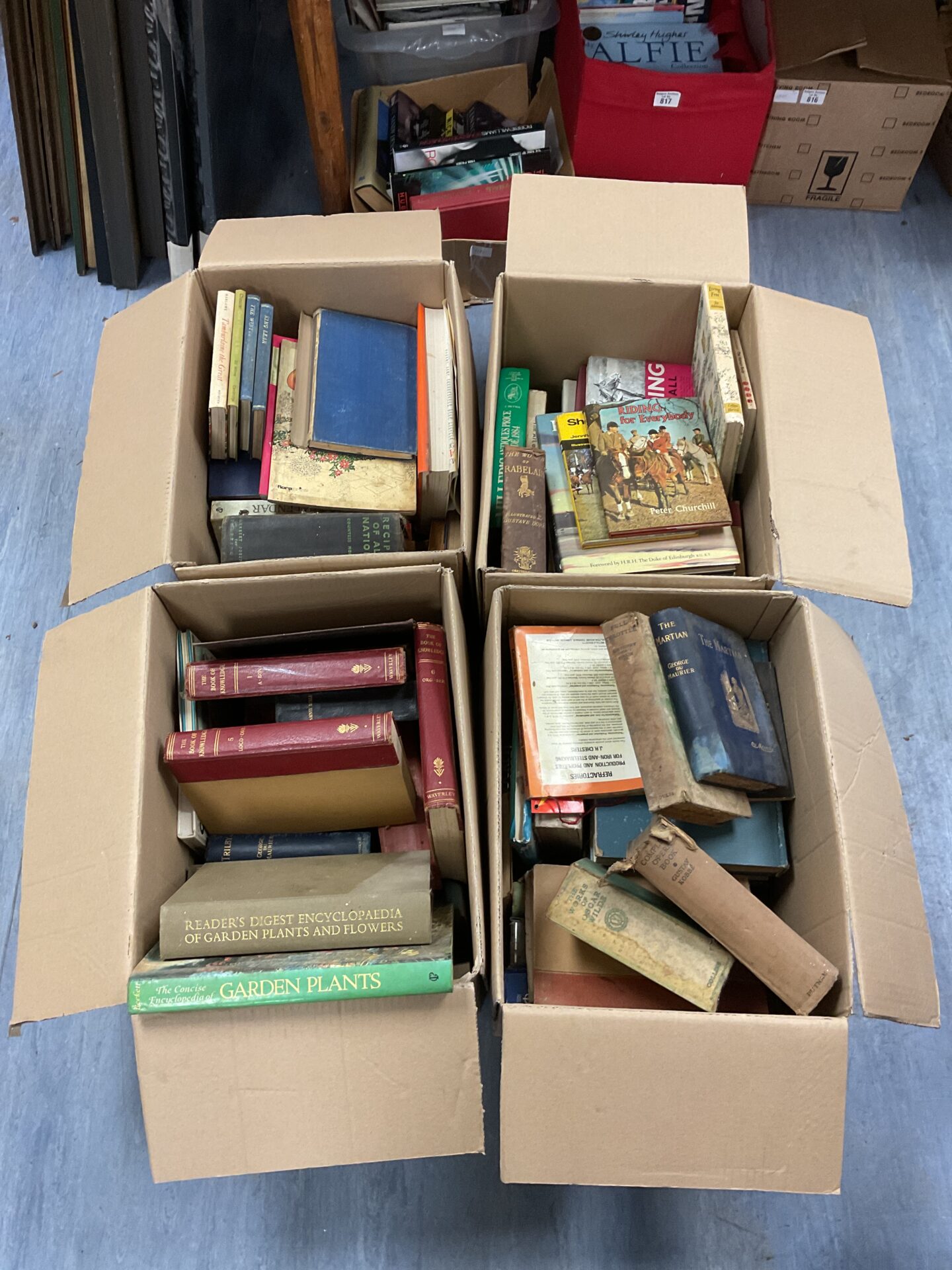 438 Four boxes of mostly vintage books, including George du maurier