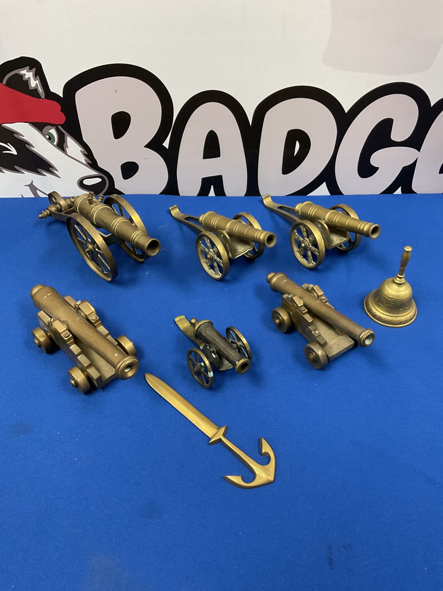 051 Six vintage brass cannons with anchor letter opener & brass bell