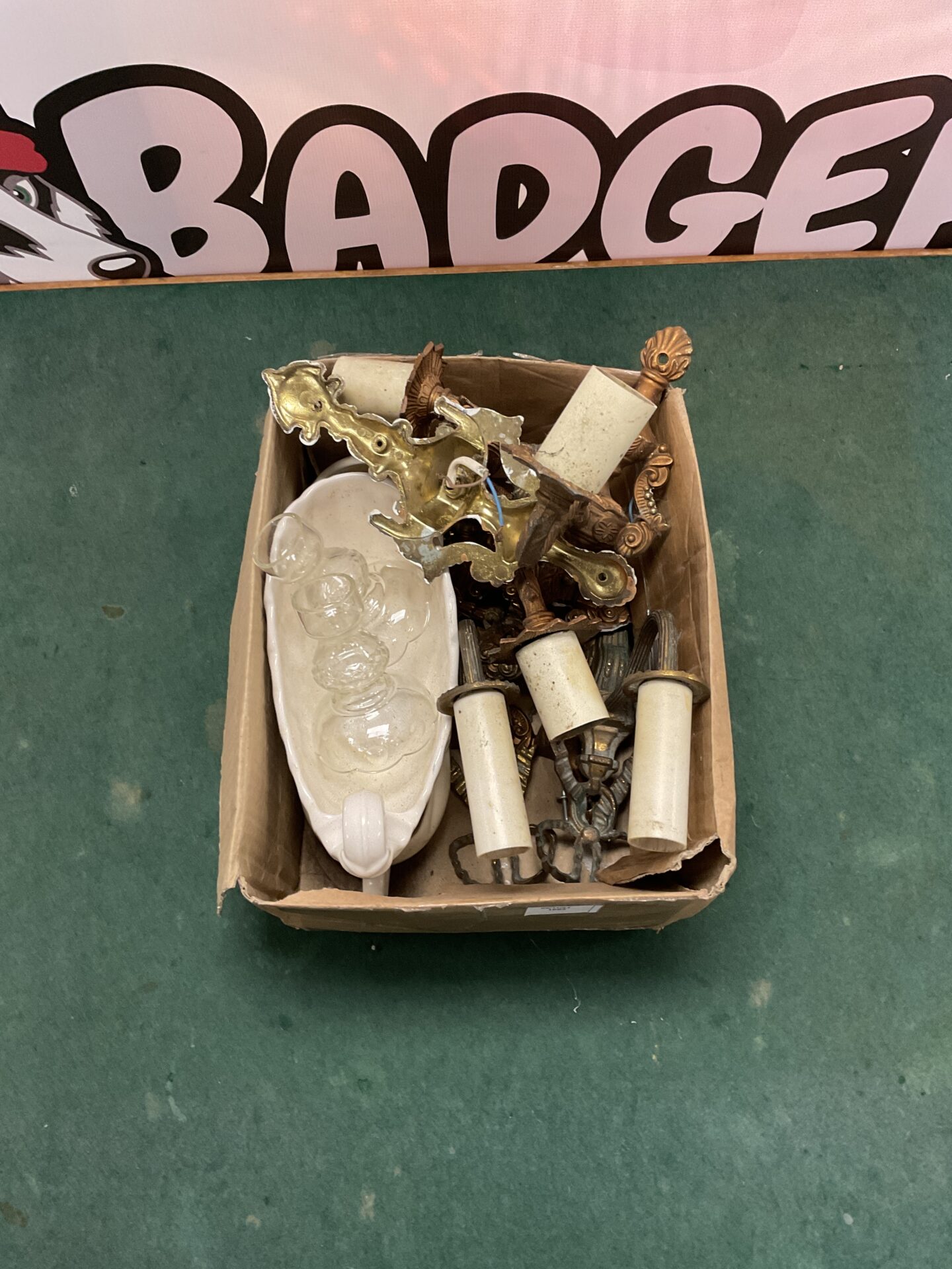 1144 Box of mixed items inc vintage brass wall lights & others