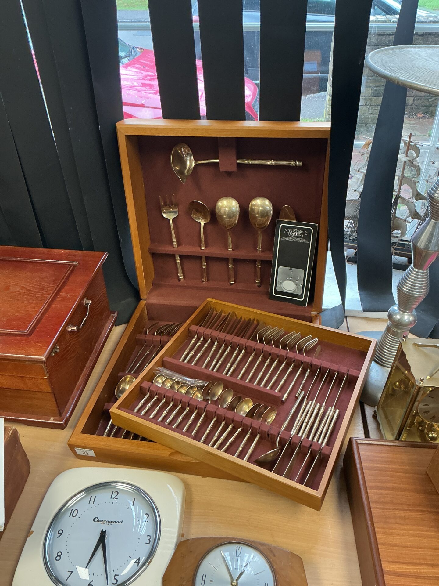 042 Large vintage castle bamboo handled bronze cutlery set in wooden presentation box