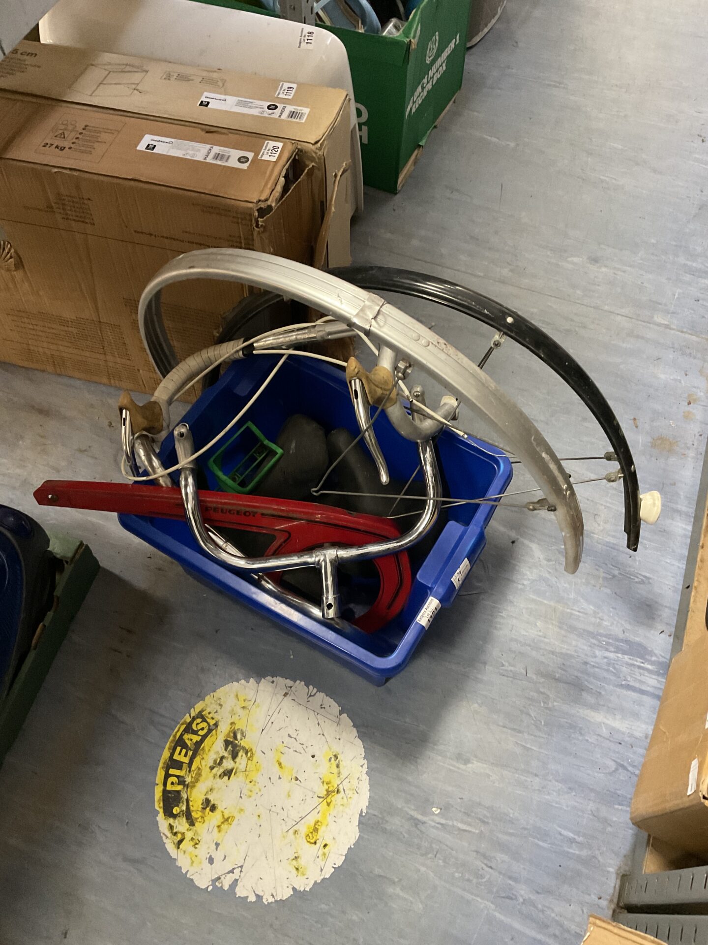 1121 Box of vintage cycle parts inc Peugeot
